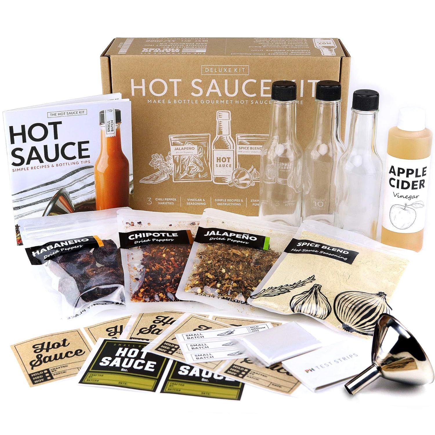 Deluxe Hot Sauce Making Kit, 3 Varieties of Chili Peppers, Gourmet Spice Blend, 3 Bottles, 16 Fun... | Amazon (US)