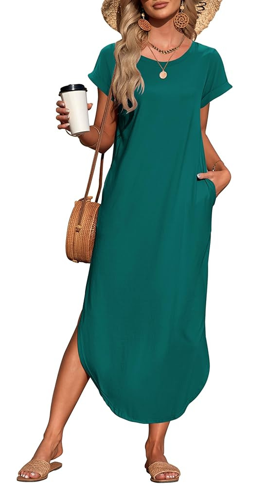 WNEEDU Womens Summer Dresses Casual Loose Short Sleeve Long T Shirt Dress Split Maxi Beach Sundre... | Amazon (US)