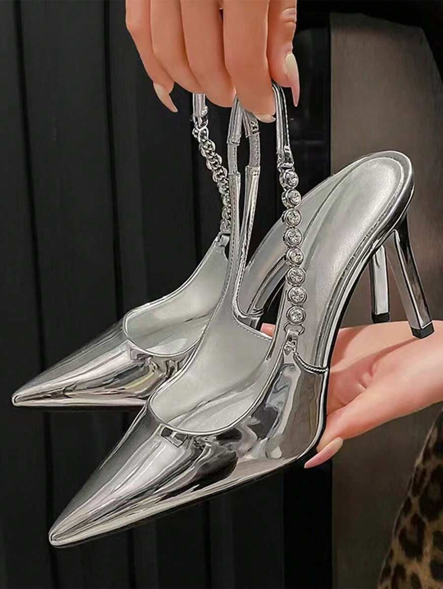 Women's Sexy Pointed Toe High Heels With Rhinestone-Studded Silver One-Strap Fashionable French S... | SHEIN