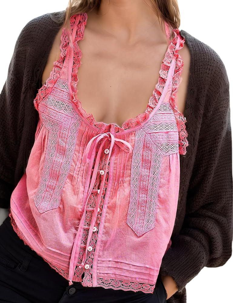 Women Sleeveless Lace Trim Tank Tops Beach Vacation Essentials Button Down Front Tie Mesh Chiffon... | Amazon (US)