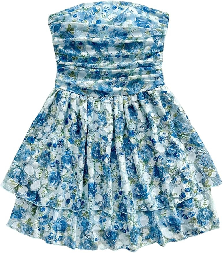 GORGLITTER Girl's Floral Strapless Dress Ruffle Ruched Tiered A Line Summer Cute Tube Mini Dresse... | Amazon (US)