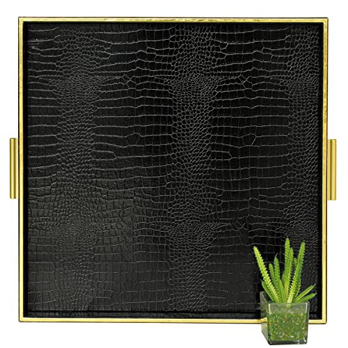 HofferRuffer Extra Large Square Serving Tray, Elegant Faux Leather Ottoman Tray with Gold Hardware Handles, Serve Tea, Coffee or Breakfast in Bed, 24 x 24 inches (Black Croco) | Amazon (US)