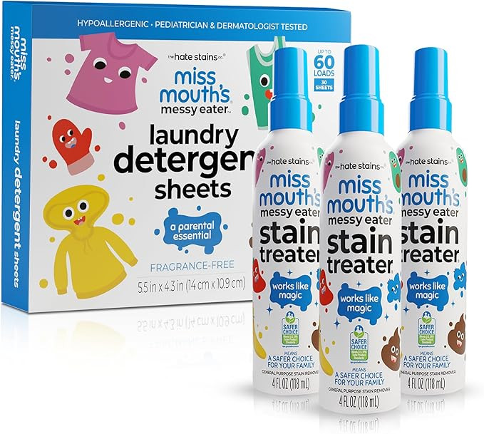 Miss Mouth's Stain Remover Spray & Detergent Sheet Bundle - 3 Bottles, 30 Sheets - On-the-Go Clea... | Amazon (US)
