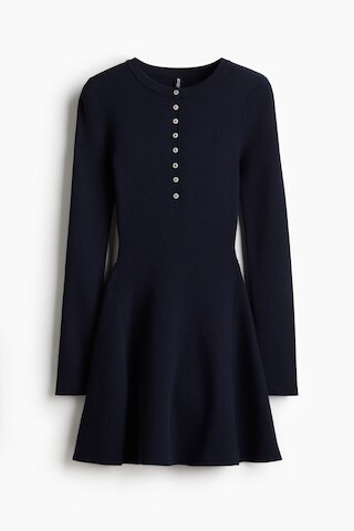 H & M - Rib-Knit Dress with Flared Skirt - Blue | H&M (US + CA)