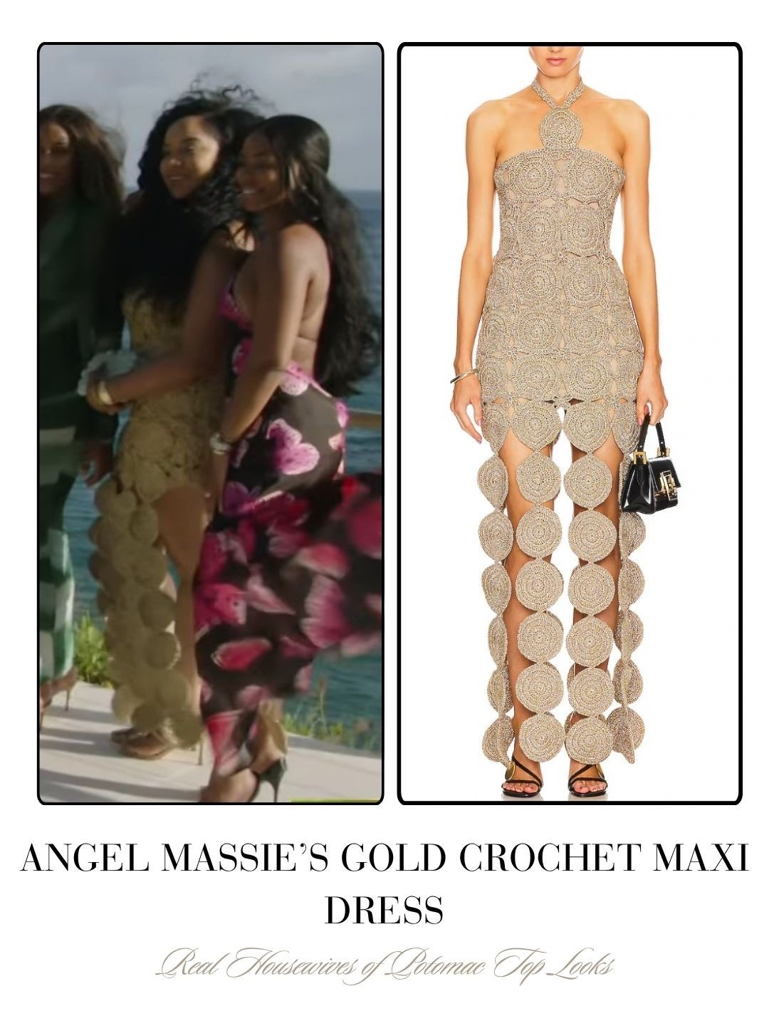 Angel Massie’s Gold Crochet Maxi Dress