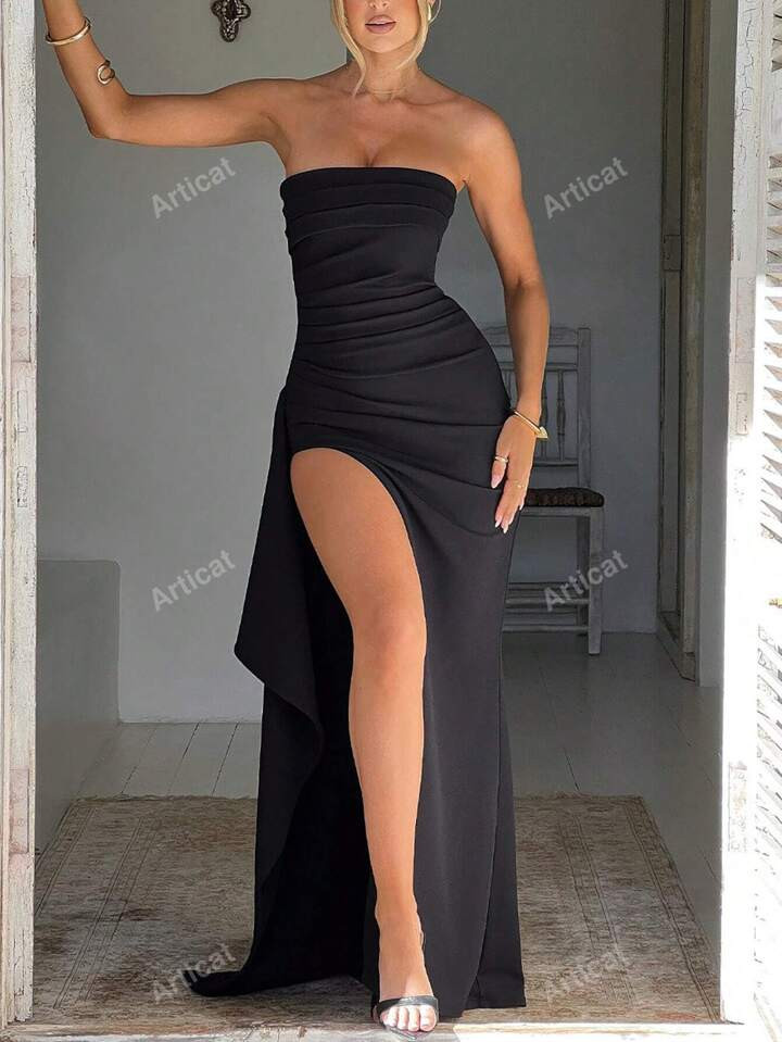 Solid Color Pleated Strapless Bridesmaid Dress With High Slit | SHEIN USA | SHEIN