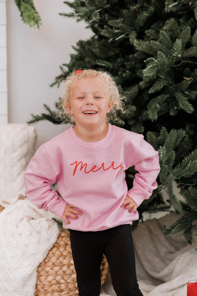 Kids Merry Script Light Pink Graphic Sweatshirt | The Pink Lily Boutique