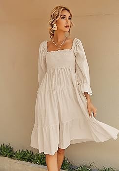 R.Vivimos Women's Summer Cotton Plaid Puff Sleeves Bow Casual Off-Shoulder Boho Midi Dress | Amazon (US)
