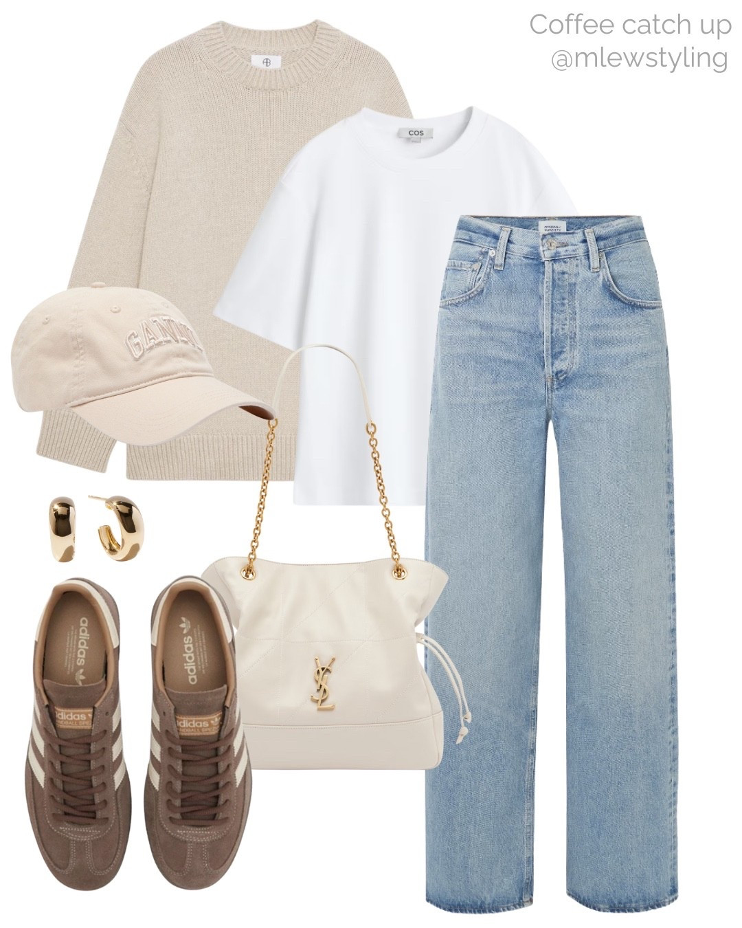 Neutral outfit for a coffee catch up 🤍

Tags: errands outfit, school pick up, ysl shopping bag, anine bing cashmere sweater, quince gold earrings, white tee, everyday look, Ganni baseball cap 

#LTKSeasonal #LTKFindsUnder100 #LTKTravel