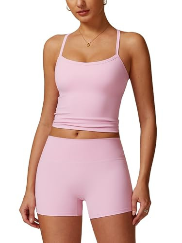IMEKIS Workout Sets for Women: Cute 2 Piece Yoga Outfit Matching Clothing Tracksuits High Waisted Running Sport Tank with Biker Shorts Exercise Clothes Athletic Gym Active Wear Light Pink Large | Amazon (US)