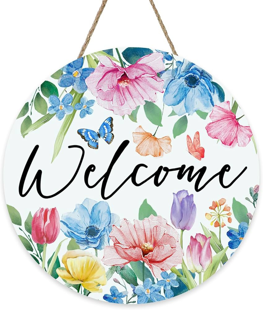 Welcome Spring Summer Floral Front Door Sign, Watercolor Flower Butterfly Wildflower Wood Plaque ... | Amazon (US)