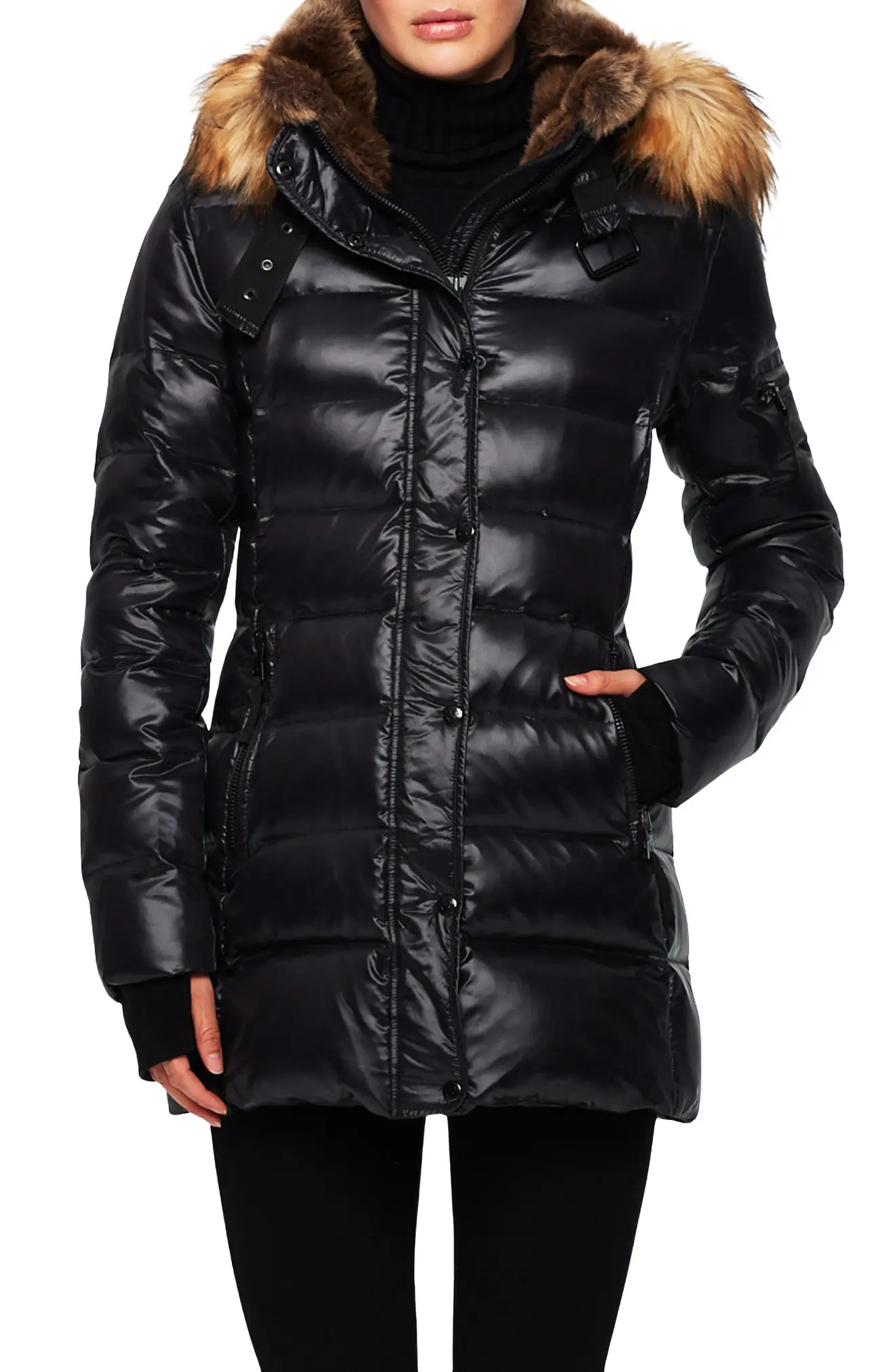 S13 Chelsea Water Repellent Puffer Coat with Faux Fur Trim in Jet/Natura at Nordstrom Rack, Size X-Small | Nordstrom Rack