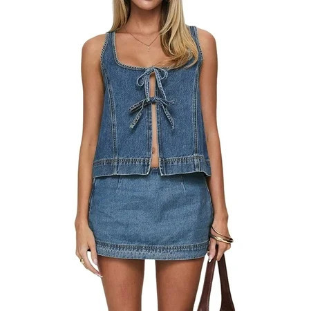 Ipladies Women'S 2 Piece Denim Outfits Tie Up Sleeveless Top Shorts Set Tracksuit Y2k Two Piece Jeans Set Vacation Outfits Blue M | Walmart (US)