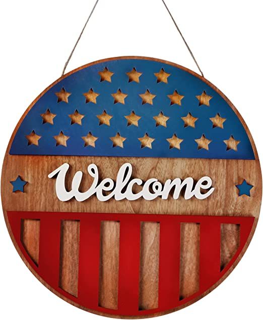Sggvecsy 4th of July Welcome Sign Patriotic Wooden Hanging Sign Independence Day Decorations Roun... | Amazon (US)