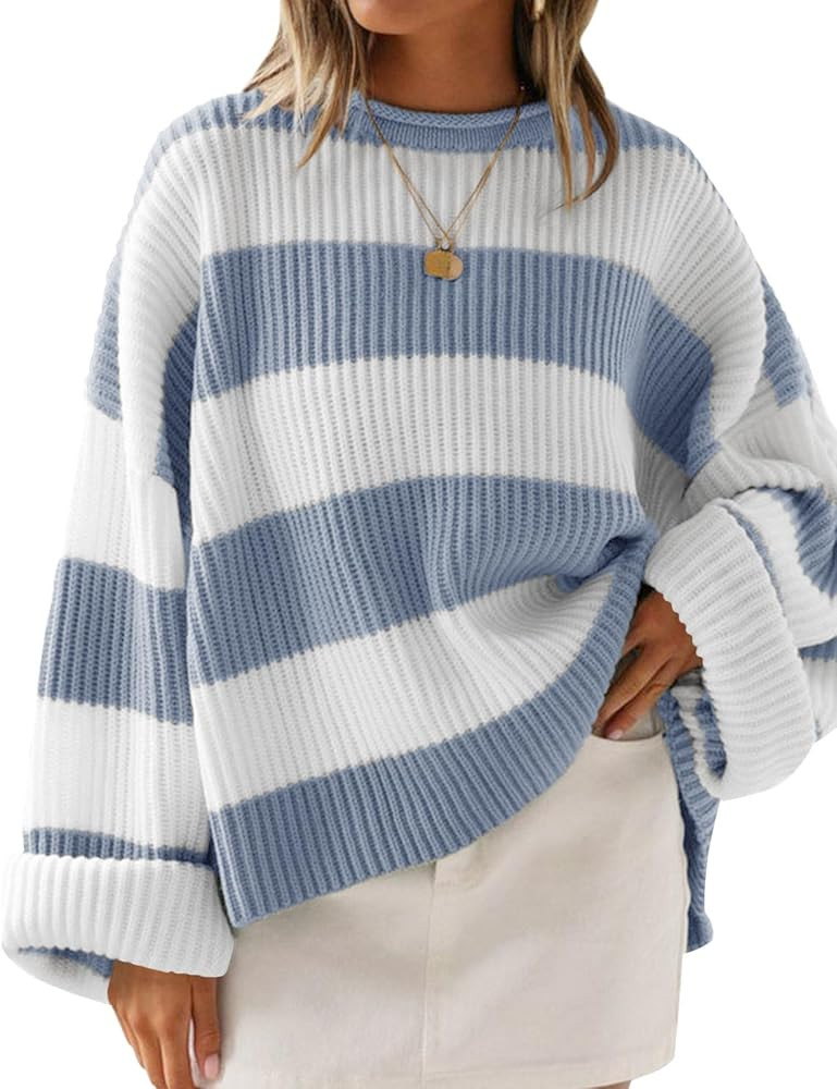 ZESICA Women's 2026 Fall Long Sleeve Oversized Striped Color Block Comfy Loose Crew Neck Knitted ... | Amazon (US)