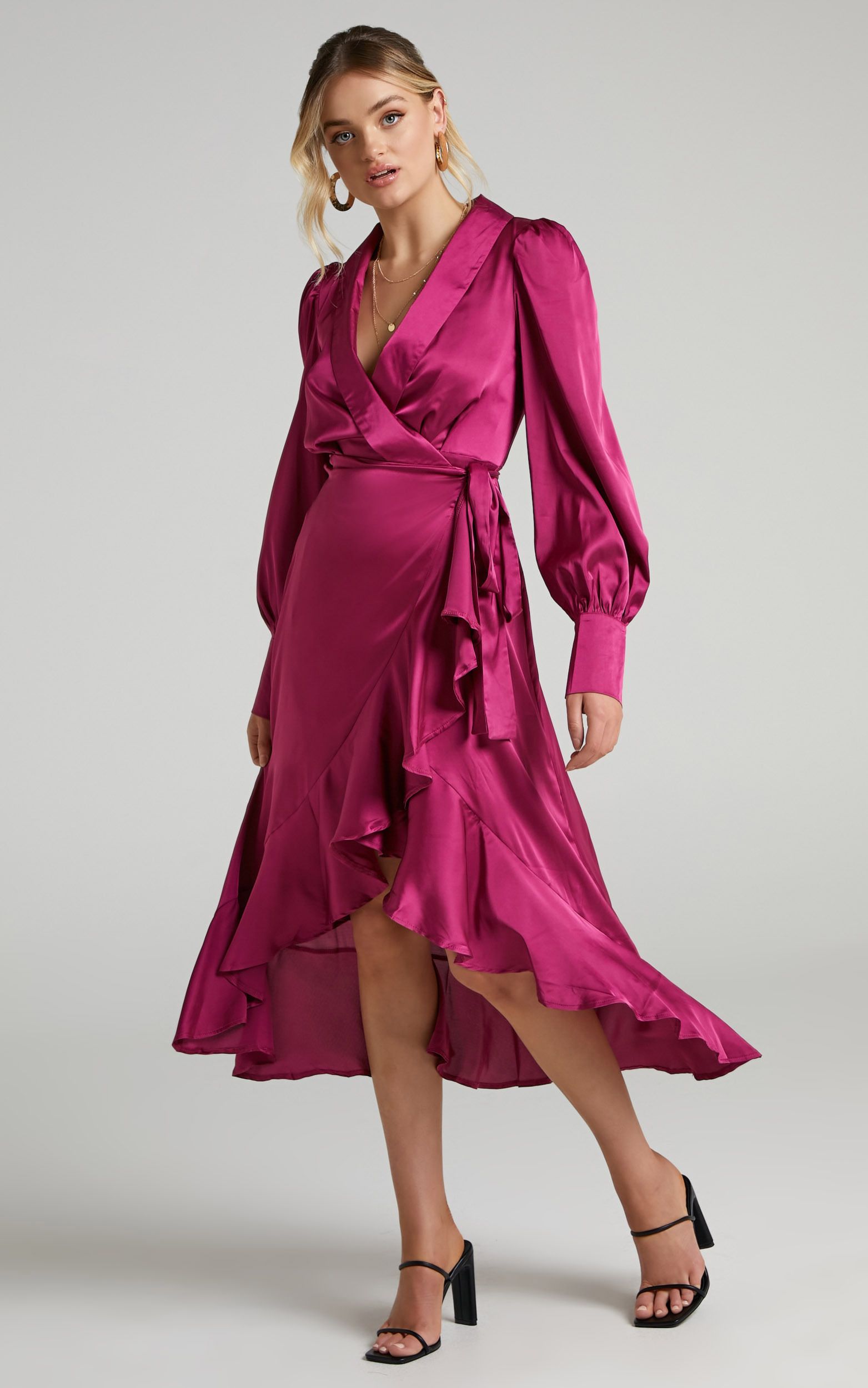 Rada Long Sleeve Frill Wrap Midi Dress in Berry | Showpo - deactived