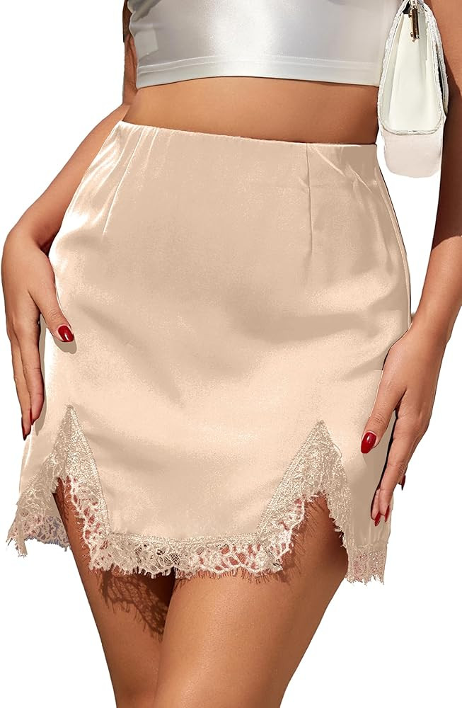 ALCEA ROSEA Women's Satin Mini Lace Trim Split Skirt Split Hem High Waist A-Line Short Bodycon Sk... | Amazon (US)