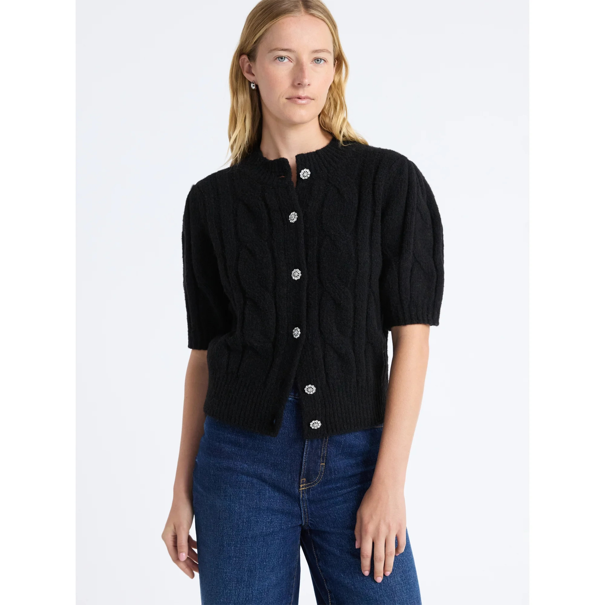Free Assembly Women's and Women's Plus Cable Cardigan with Short Puff Sleeves, Sizes XS-4X | Walmart (US)