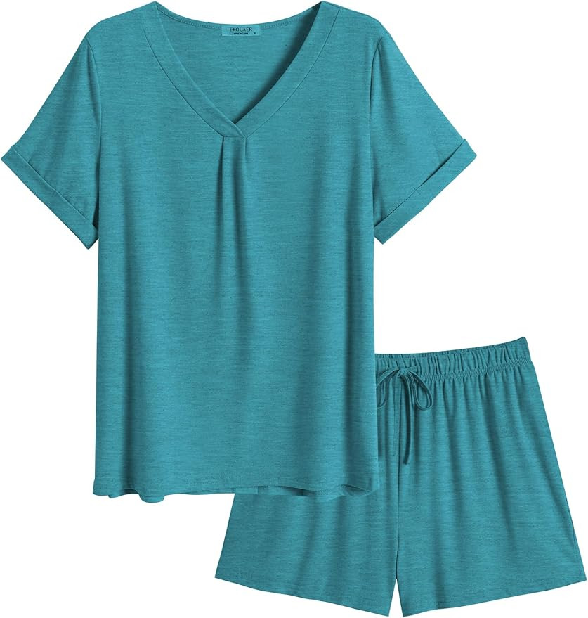 Ekouaer Pajamas Set Women's Short Sleeve 2 Piece PJ Sets V Neck Comfy Sleepwear Loungewear with P... | Amazon (US)