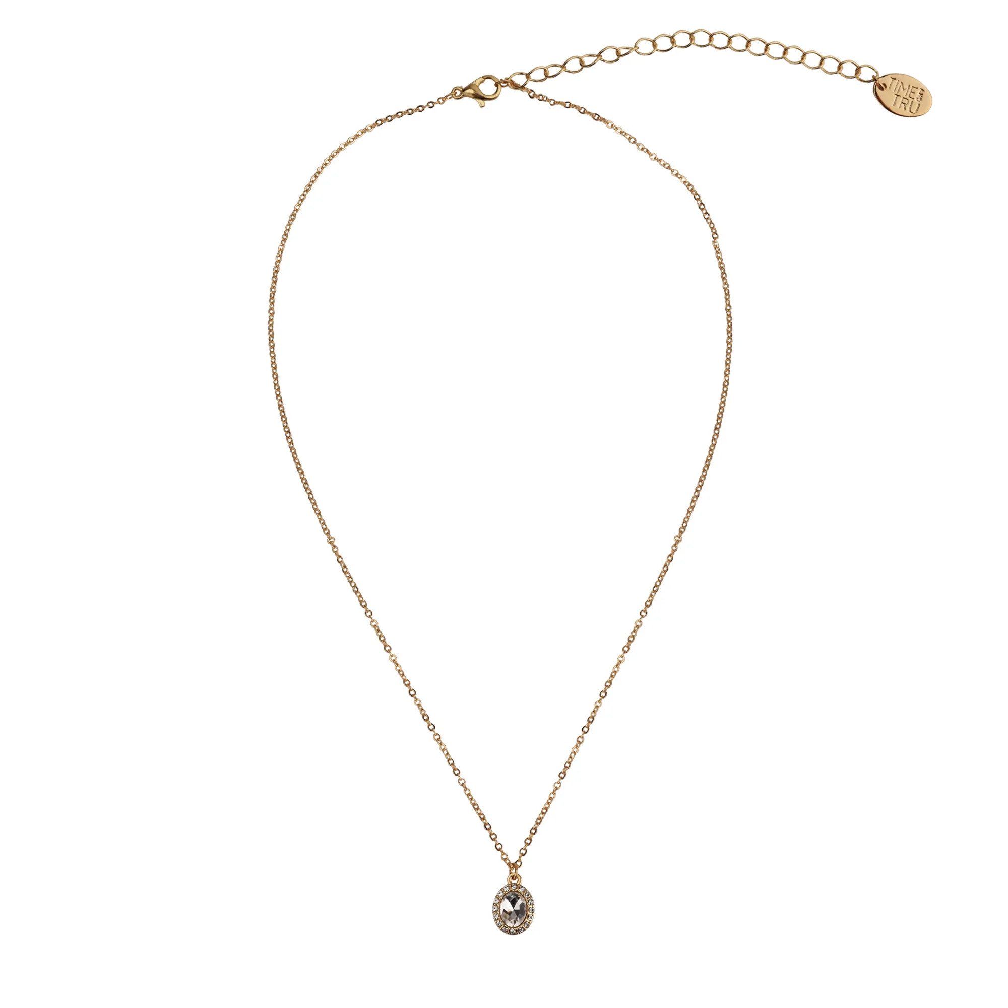 Time And Tru Women's Gold Tone Oval Halo Crystal Stone Delicate Pendant Necklace | Walmart (US)