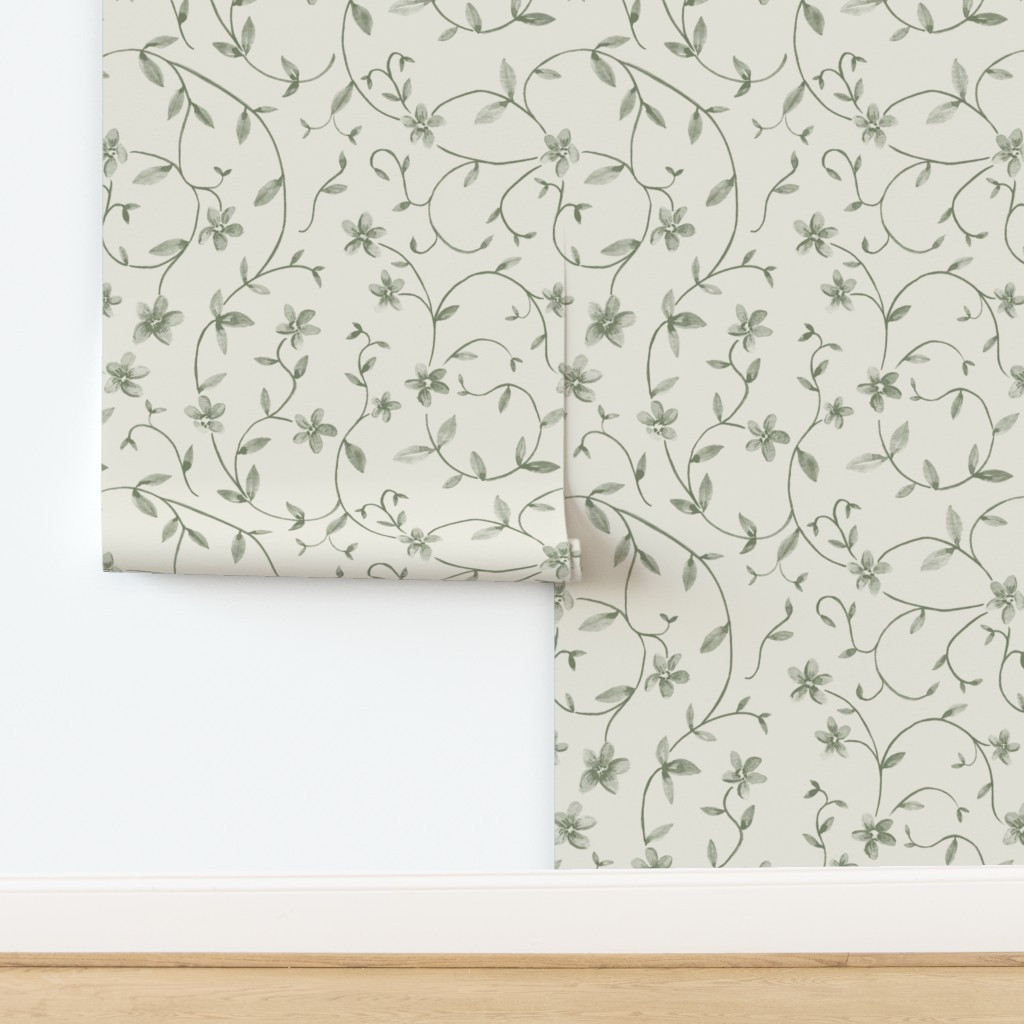 Wallpaper in (L) Olive Green Floral Vines and Greenery with Cream Background | Spoonflower