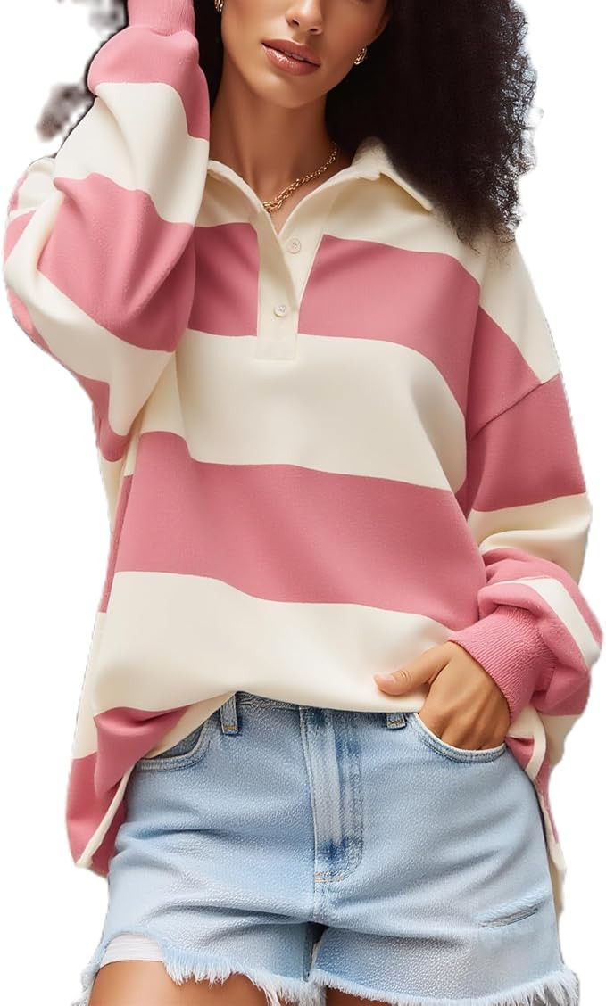 Amiblvowa Rugby Shirt Women Striped Collared Long Sleeve Polo Shirts Oversized Color Block Sweats... | Amazon (US)