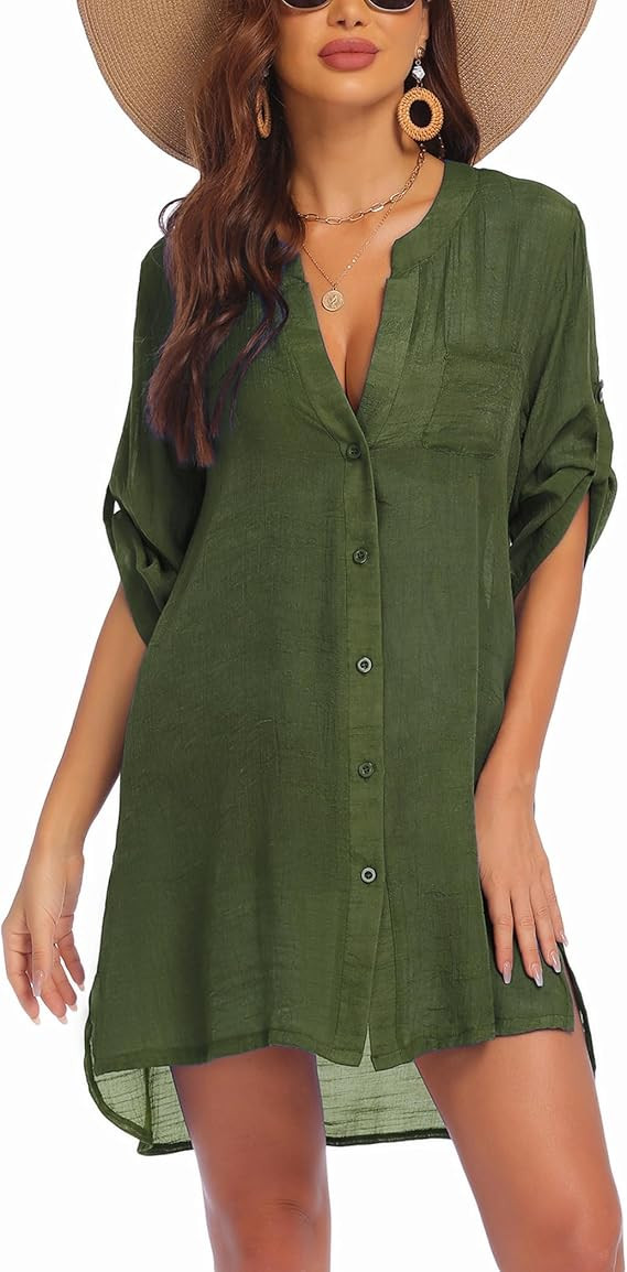 AI'MAGE Women's Swimsuit Cover Ups Shirt V-Neck Button Down Bathing Suit Coverups Beach Tunic Top... | Amazon (US)