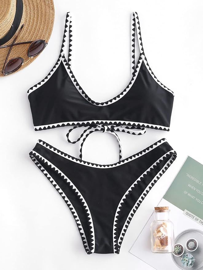 ZAFUL Women's Tie Back Padded High Cut Bralette Bikini Set Two Piece Swimsuit | Amazon (US)