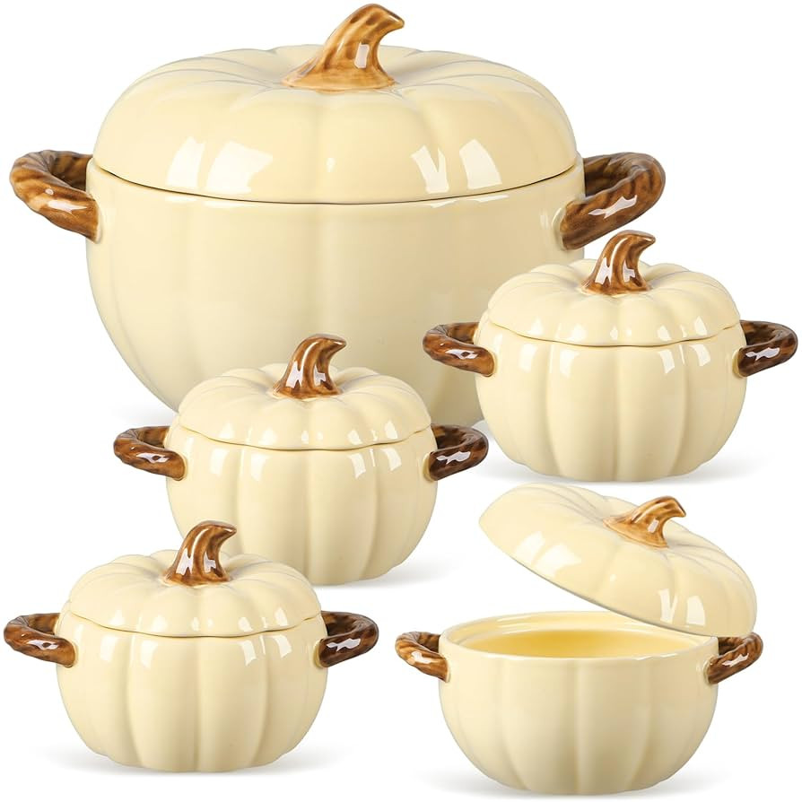 Maxdot Set of 5 Ceramic Pumpkin Bowls with Lid and Handles Pumpkin Shape Soup Serving Pot Storage... | Amazon (US)