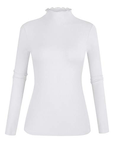 POPZONE Women's Lettuce Trim Mock Neck Long Sleeve Slim Fit Ribbed Knit Tee Shirt Tops | Amazon (US)