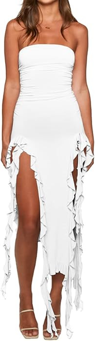 Women\u2019s Bodycon Tube Dress Sexy Strapless Y2K Ruffle Trim Irregular Floral Tassel Split Ruch... | Amazon (US)