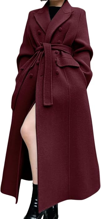 Women Long Winter Wool Pea Coat Lapel Double Breasted Trench Over Coat with Belt | Amazon (US)