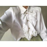 Vintage White Ruffled Front Bib Long Sleeves Blouse/ Top/ Shirt/ Tall L - Xl | Etsy (US)