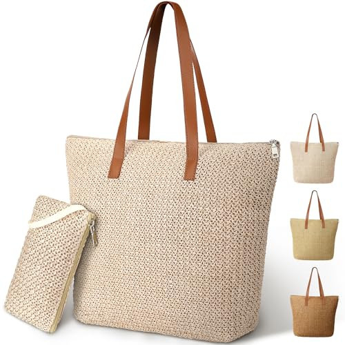 Straw Tote Bag, Large Woven Beach Bag - Summer Beach Essentials Aesthetic Handbag Leather Handle for Women Travel Vacation Shopping Picnic(Beige) | Amazon (US)