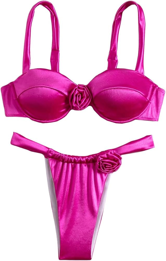 Floerns Women's Floral Appliques Push Up Thong Two Piece Bikini Swimsuit | Amazon (US)