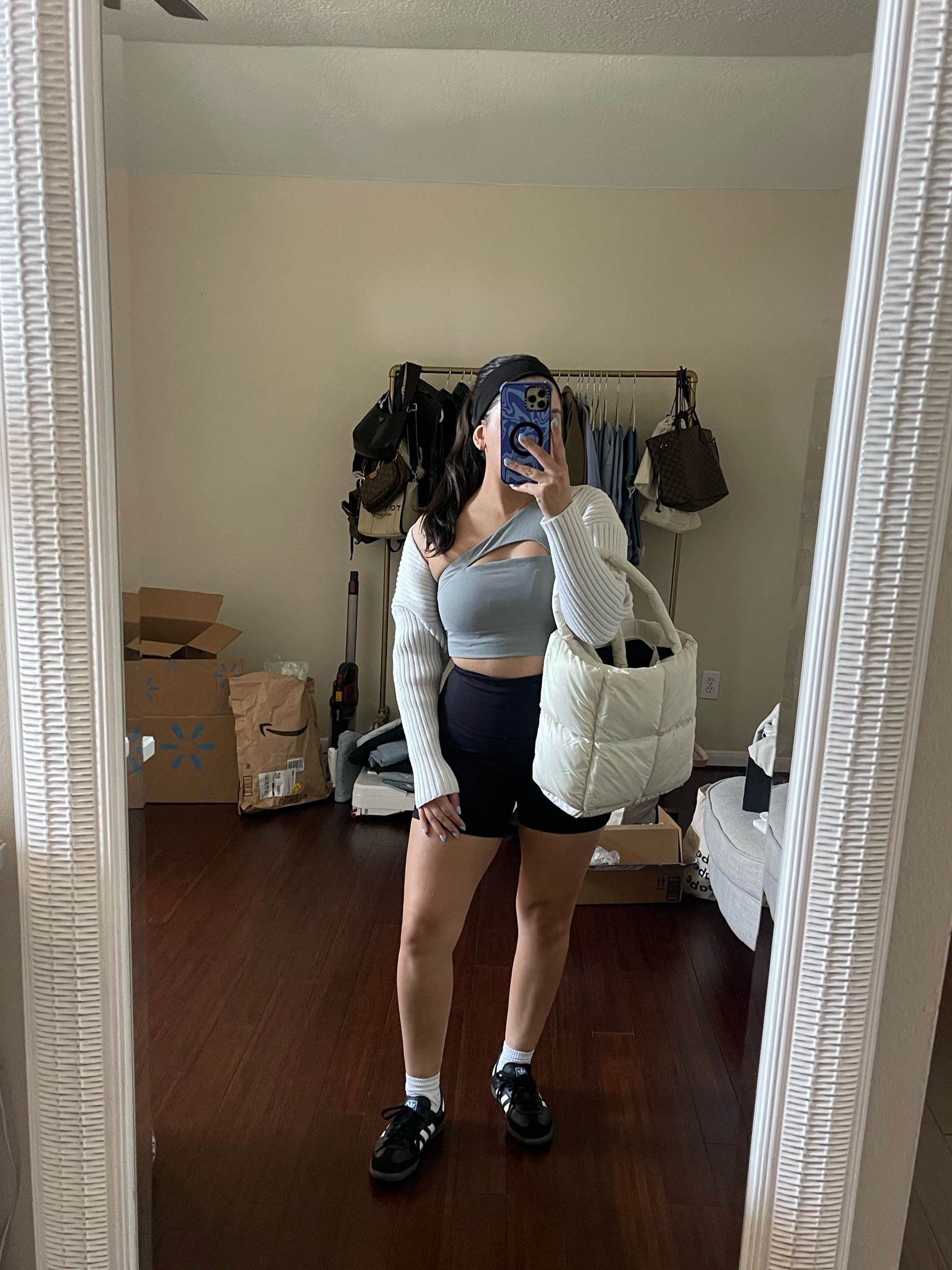 Pilates outfit idea 
One shoulder top: small
Biker shorts: small
Adidas sambas: 4.5 men 
Bolero cardigan: small 
Puffer tote bag 

#LTKActive #LTKfindsunder100 #LTKSeasonal