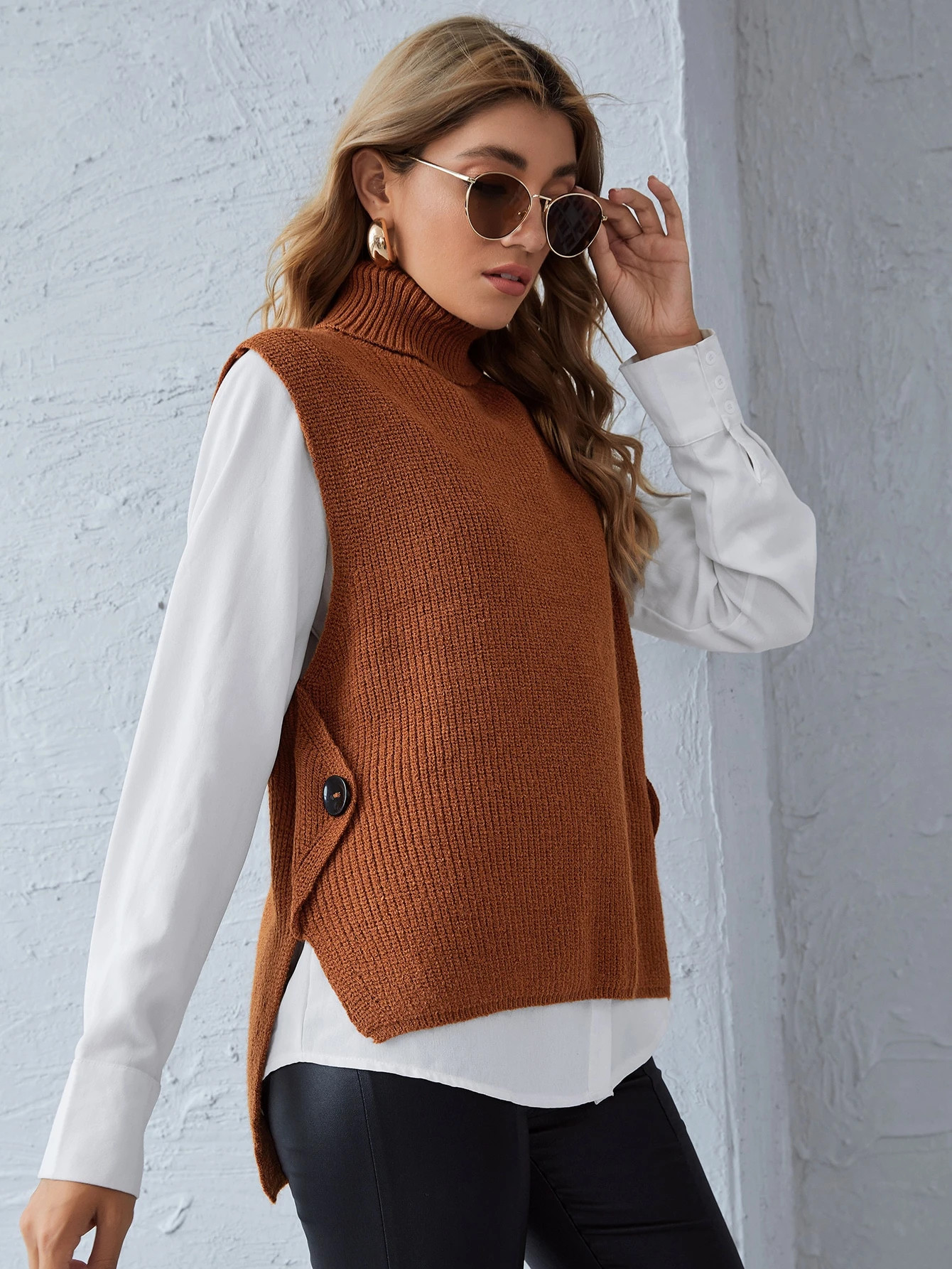 Ribbed Turtleneck Longline Sweater Vest | SHEIN