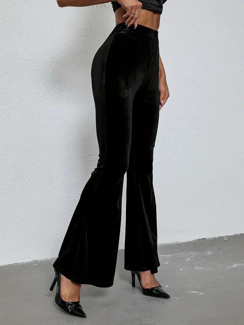 Solid Velvet Flare Leg Pants, Casual Elastic Slim Pants For Spring & Fall, Women's Clothing | Temu Affiliate Program