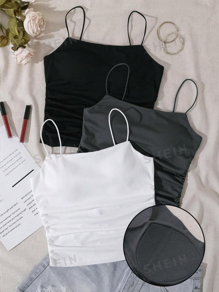 SHEIN Essnce 3pcs Ruched Bra-Free Camisole With Chest Pads And Waist Cinching Design For Spring A... | SHEIN