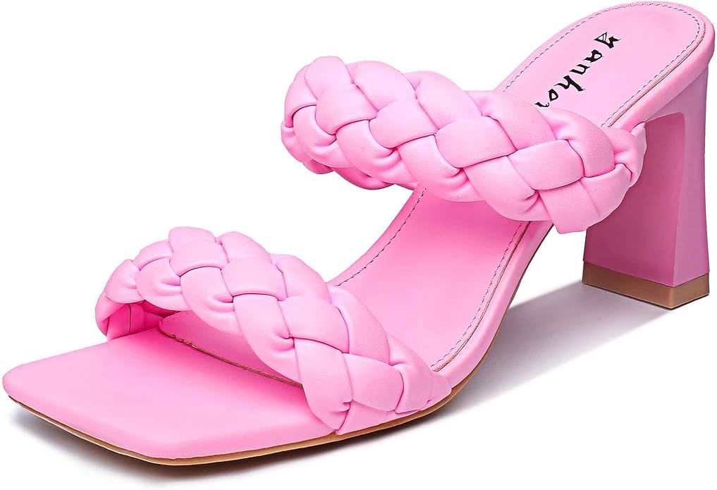 Women's Braided Square Heels Sandals Block Chunky Heel Mules Open Toe Slip On Dress Sexy Party Ba... | Amazon (US)