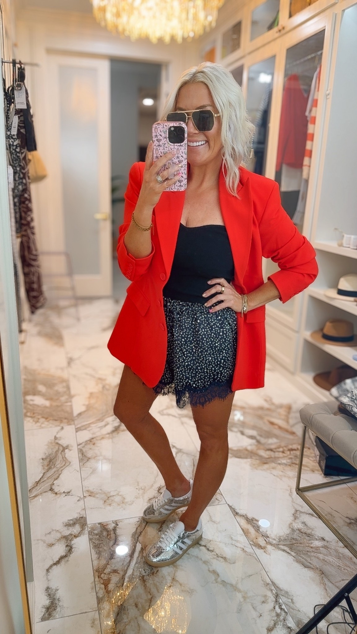 Giving all American but make it dressy and cute with some sneakers 
Small in blazer / shorts , medium in top 
Sneakers are true to size 