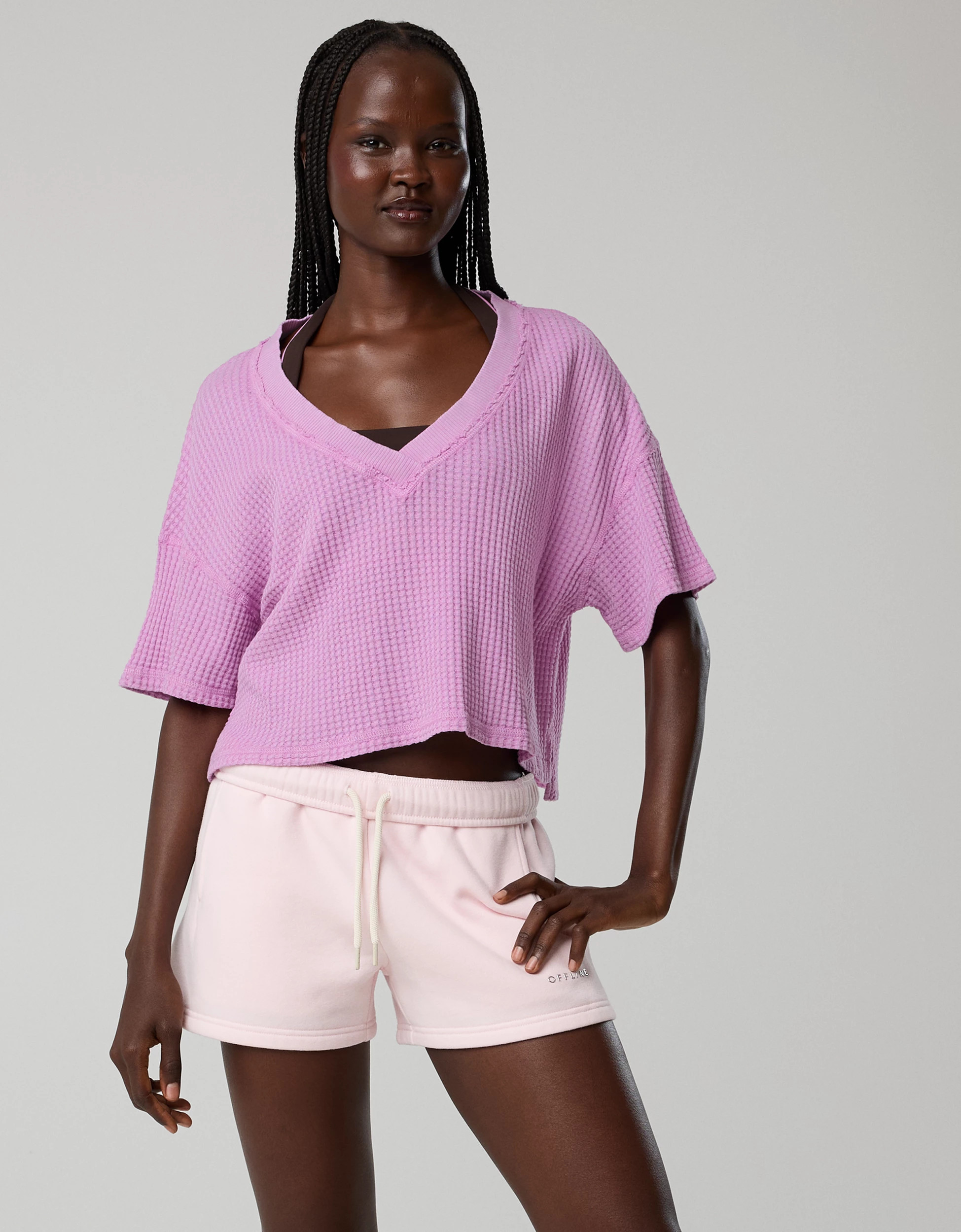 OFFLINE By Aerie Wow! Waffle V Neck Cropped Relaxed Short Sleeve T-Shirt | Aerie