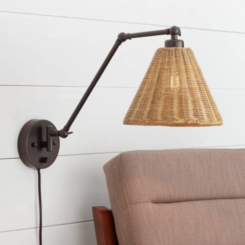 Rowlett Bronze Rattan Shade Plug-In Wall Lamp | Lamps Plus