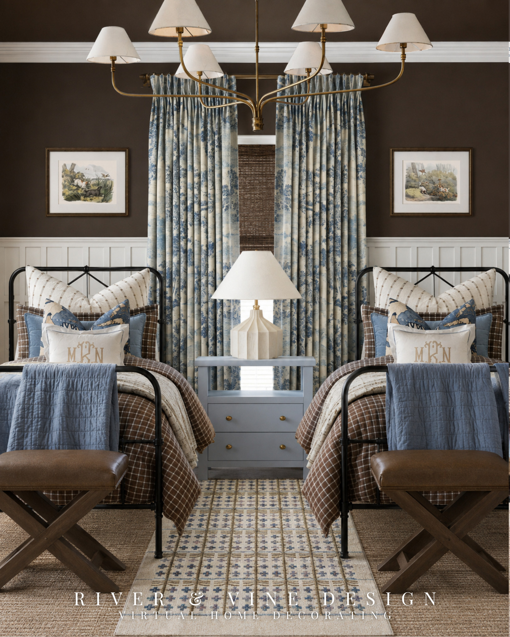 A shared kids’ room can feel playful and polished without relying on furniture they’ll quickly outgrow.

This bedroom pairs classic black metal beds with brown plaid bedding, soft blue quilts, monogrammed pillows, and printed curtains for a layered look that feels youthful but still connected to the rest of the home. The key is repeating each color across multiple elements: blue moves from the curtains to the bedding and rug, while brown connects the plaid, woven shades, leather stools, and dark ceiling.

The mix of traditional patterns gives the room personality while the matching foundations create the order and symmetry a shared space needs.

shared kids bedroom, traditional kids room, twin bedroom ideas, blue and brown bedroom, plaid kids bedding, black metal twin beds, classic kids bedroom, layered kids room decor

I may receive a commission from purchases made through my links.
 

 #LTKHome #LTKKids