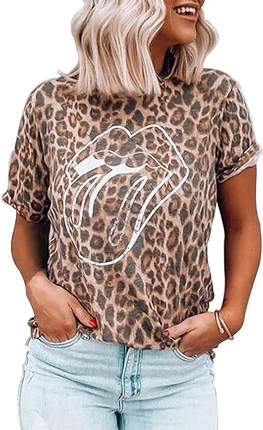 Women Vintage Transparent Lips Tongue Vintage Leopard Print Shirt Funny Animal Print O-Neck Tongu... | Amazon (US)