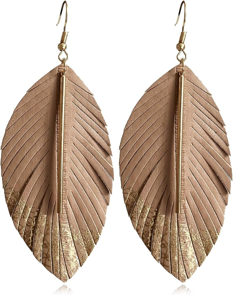 Handmade Bohemian Lightweight Soft Genuine Leather Feather Leaf Dangle Drop Earring Sparkle Real ... | Amazon (US)