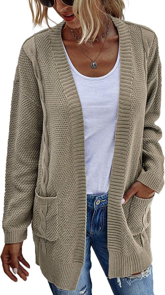 Hibluco Women's Long Sleeve Knit Sweater Open Front Cardigan Outwear with Pockets | Amazon (US)