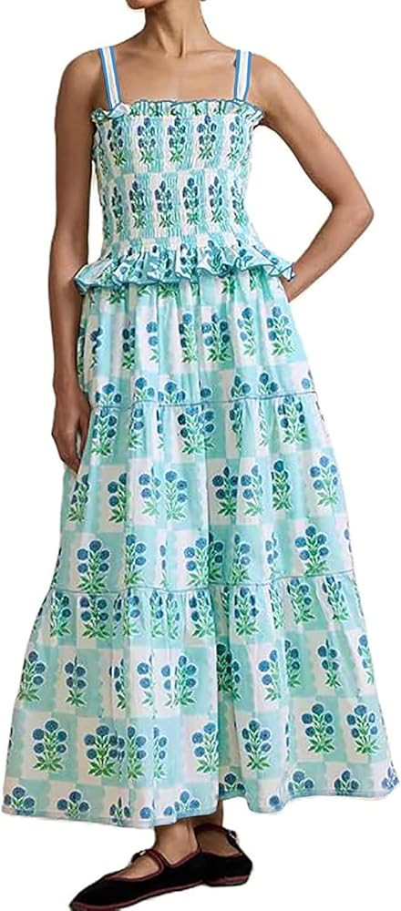 Women Summer Smocked Flowy Dress Spaghetti Strap Square Neck Floral Dress Ruffle Patchwork Boho A... | Amazon (US)