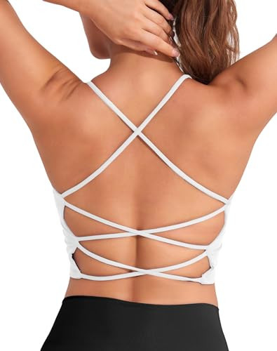 DaiLiWei Strappy Sports Bras for Women High Support Longline Open Back Workout Tops Padded Cross Yoga Crop Tank Built in Bra White | Amazon (US)