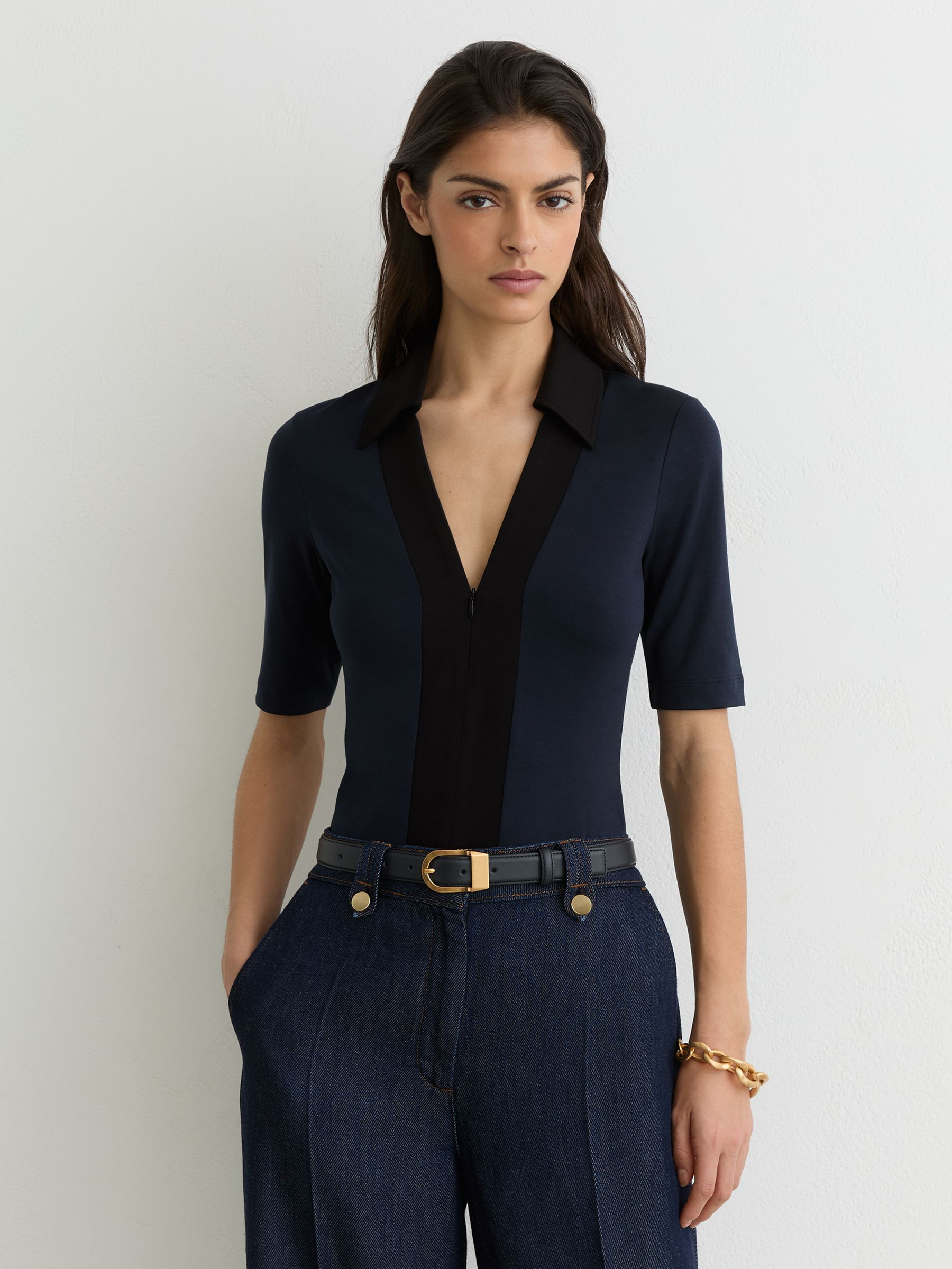 Jersey Colour-Block Half-Zip Polo Top in Navy/Black | Reiss UK